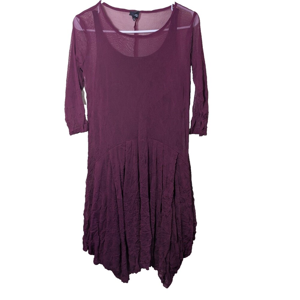 Lisa Bayne Dress 3/4 Sheer Sleeves Slip Pleats Lagenlook Made in USA XS